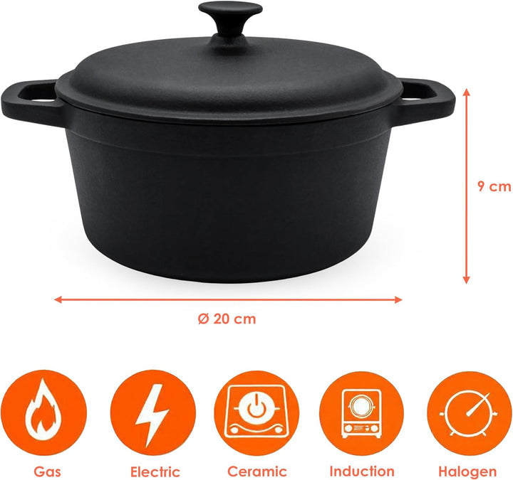 Spetebo Gusseisen Topf mit Deckel 20 cm - Grilltopf Eisentopf Kochtopf Schmortopf Bräter Topf 20 cm,