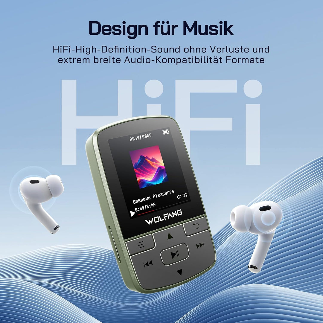 WOLFANG 64 GB MP3-Player mit Bluetooth 5.2, Sportclip, Mini-Grösse, Gewicht 28,3 g, HiF-FM-Radio, Di