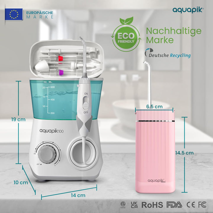 Aquapik® DUO Munddusche Aquapik® 100 Desktop + Aquapik® Mini, tragbar, von Zahnärzten empfohlen + Pl
