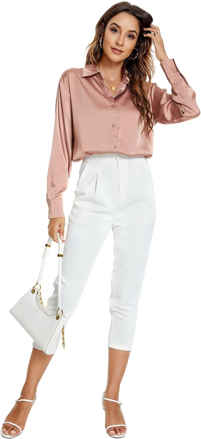 Atnlewhi Damen Bluse Langarm Knöpfen Satin Seide Hemden Basic Kent Kragen Arbeit Büro Formelle Casua