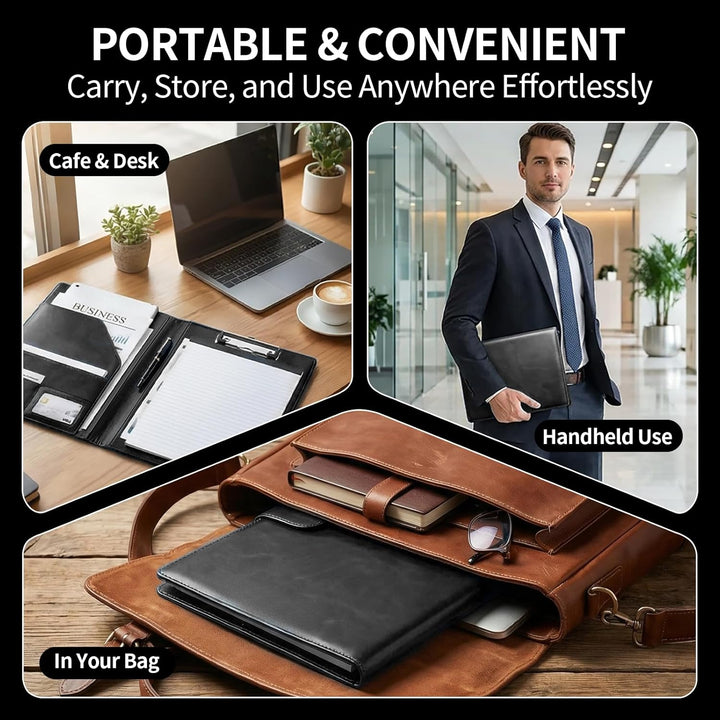 Klemmbrettmappe A4 aus PU-Leder, Magnetische & Faltbare Clipboard Schreibmappe mit Deckel, Stiftehal