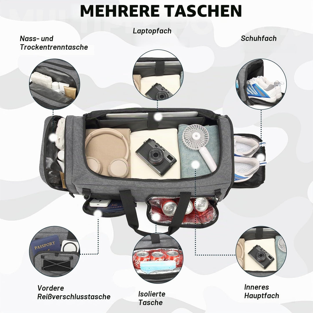 50L Herren Sporttasche mit Nass- &amp; Schuhfach Rucksack 3 in 1 Reisetasche Handgepäck Sport Duffel Tas