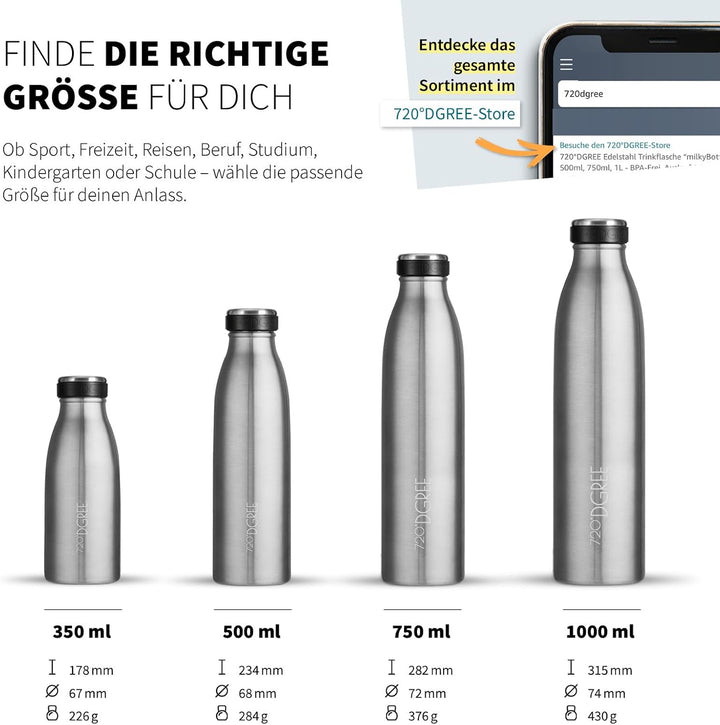 720°DGREE Edelstahl Trinkflasche “milkyBottle” - 750ml - BPA-Frei, Auslaufsicher, Kohlensäure geeign