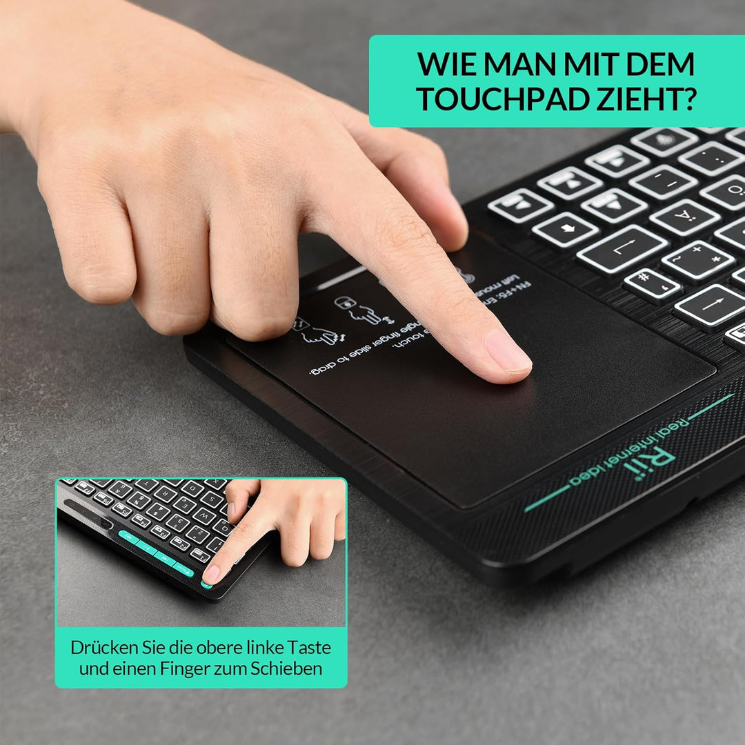 Rii Bluetooth Tastatur mit touchpad(Bluetooth 5.0 + 2.4G Wireless), Mini Tastatur Beleuchtet mit 2 L