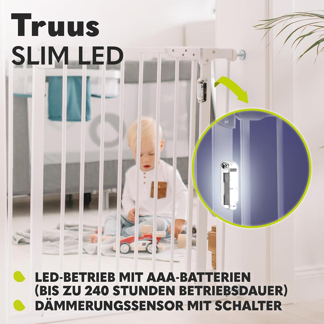 LIONELO Truus Slim LED Sicherheitstor mit Licht, Verstellbare Breite von 75 bis 105 cm mit Druckbesc