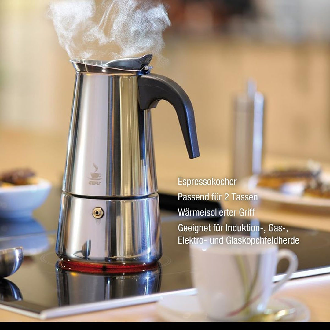 GEFU Espressokocher EMILIO 2 Tassen | Edelstahl Mokkakanne für Induktion, Gas, Elektro, Ceran | Trop