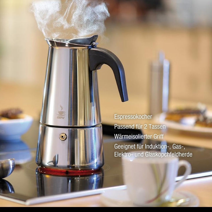 GEFU Espressokocher EMILIO 2 Tassen | Edelstahl Mokkakanne für Induktion, Gas, Elektro, Ceran | Trop