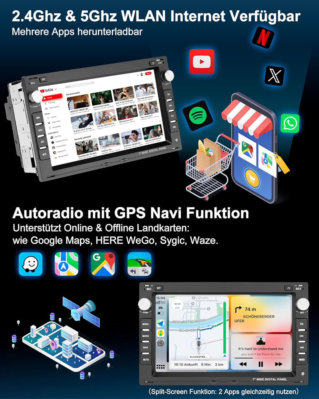 Autoradio mit Bildschirm 2+64G Bluetooth Radio für VW Golf 4 Polo 9N T5 Passat B5 Seat Skoda, 2DIN 7