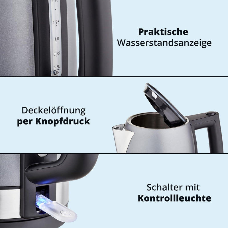 KHG Frühstücksset Wasserkocher & Toaster, Skandi Look Grau Edelstahl, 1,7 Liter & 2 Toast Scheiben,