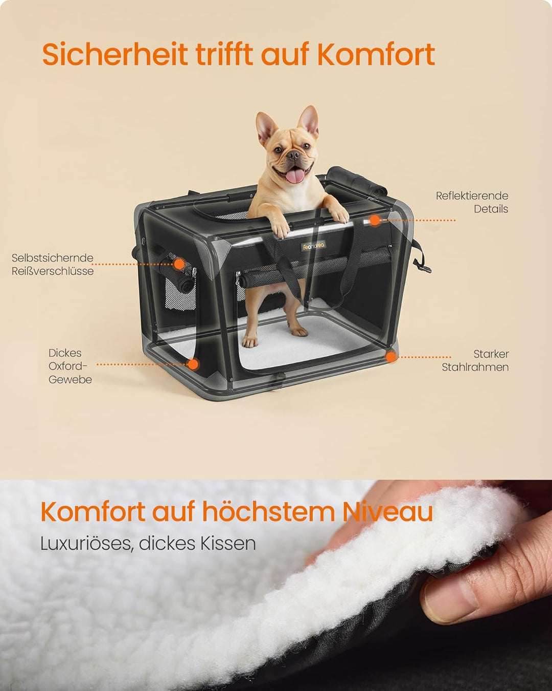 Feandrea Hundebox faltbar, Transportbox, Hundetasche, Oxford-Gewebe, mit 4 Türen aus Netzstoff, Grif