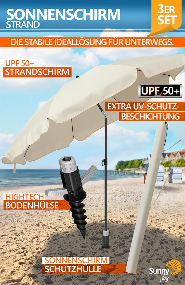 4smile Sonnenschirm Strand SunnyJoy, 3-in-1 SET, Beige - UPF 50+ Strandschirm Ø 160 cm + Sonnenschir