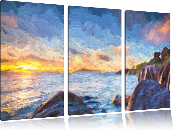 Pixxprint Sonnenuntergang Seychellen Kunst / 3-Teilig/Gesamtmass 120cm Leinwandbild bespannt auf Hol