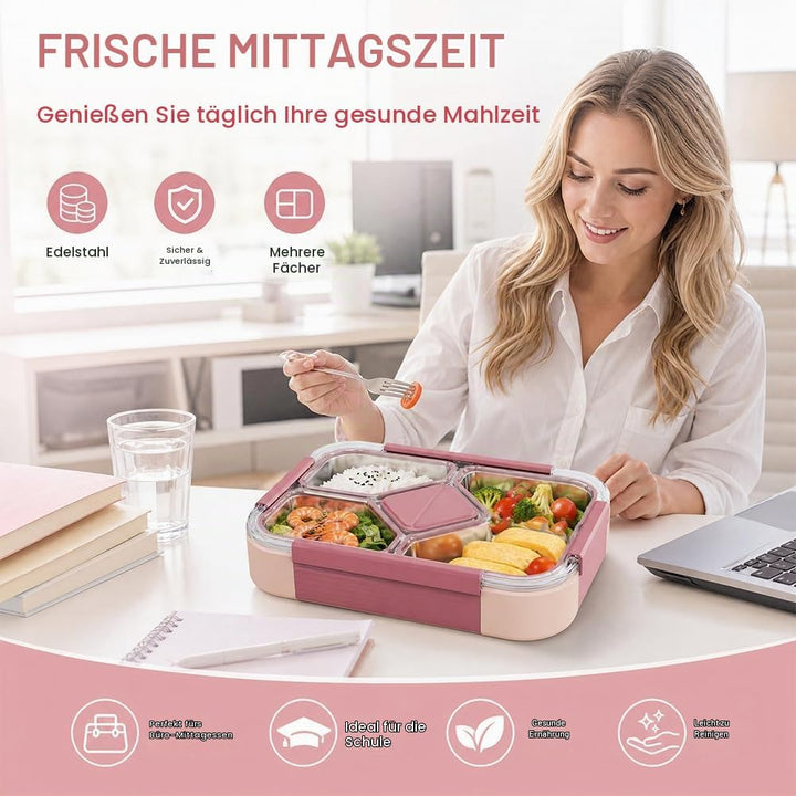 Edelstahl Brotdose 1020ml, Bento Lunchbox mit 4 Fächern