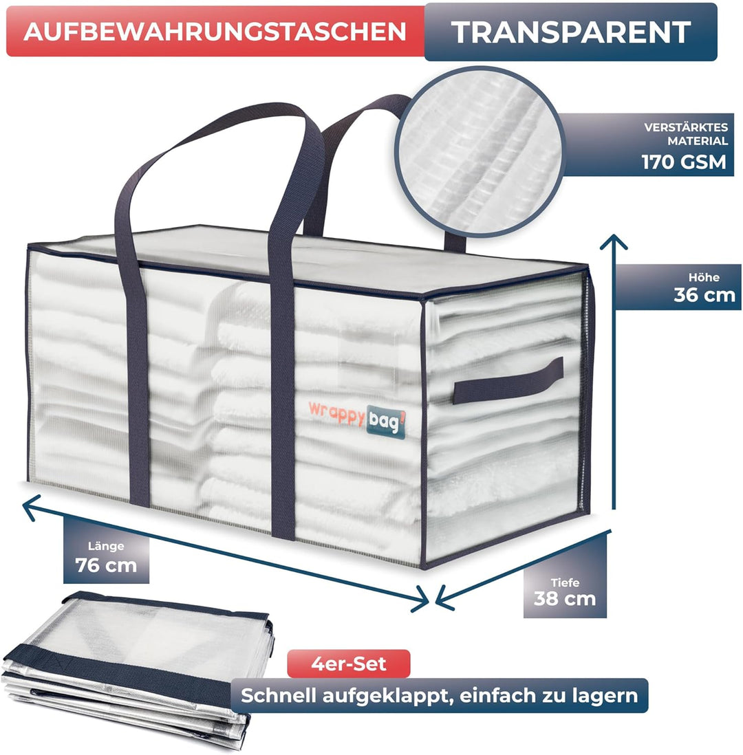 WRAPPYBAG im 4er-Pack Grosse Aufbewahrungstaschen aus transparentem Kunststoff – XXL-Tasche für Umzu