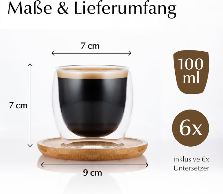 MIAMIO - Espressotassen 6er Set/doppelwandige Espresso Gläser/ohne Henkel/mit Untersetzer/Glas/dickw