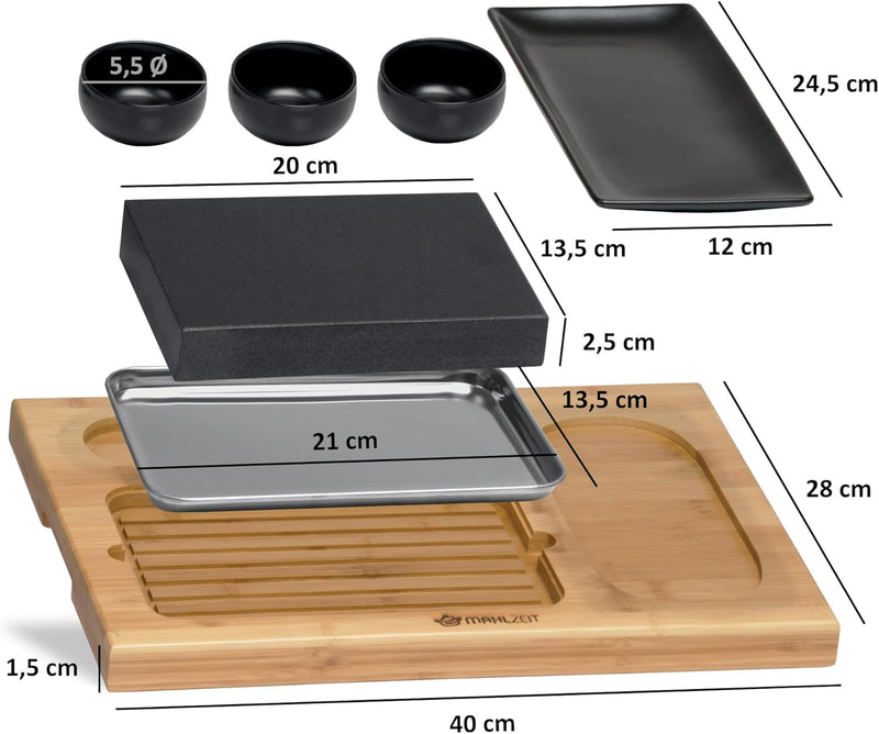 Mahlzeit Lavastein Set (7-teilig) | Set mit heissem Stein, Teller und Dipschalen auf praktischem Hol