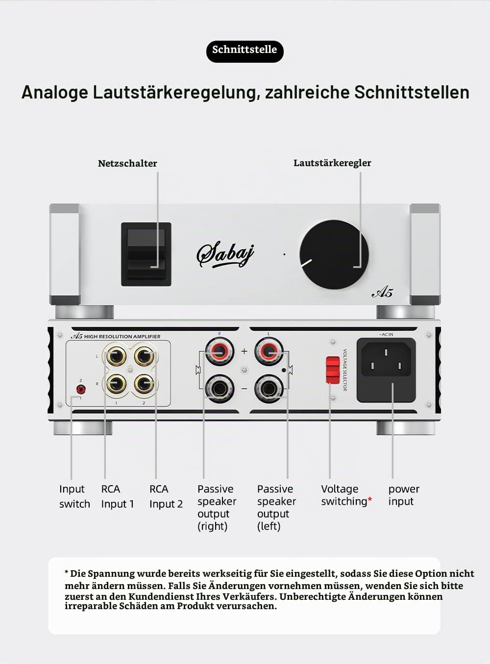 SABAJ A5 Leistungsverstärker mit zwei analogen Eingängen, ICEpower-Modul im Retro-Look, RCA*2-Eingan