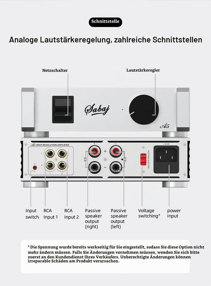 SABAJ A5 Leistungsverstärker mit zwei analogen Eingängen, ICEpower-Modul im Retro-Look, RCA*2-Eingan