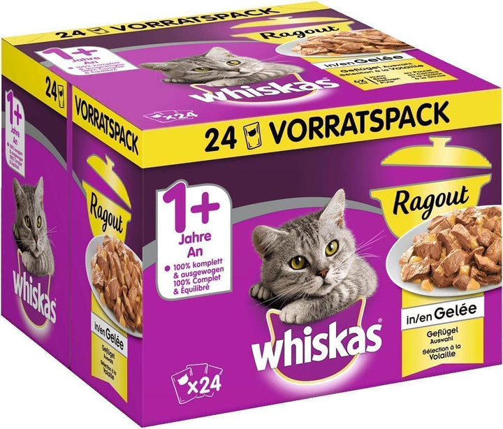 Whiskas 1 + Katzenfutter Ragout – Geflügel-Auswahl in Gelee – Abwechslungsreicher Geschmack durch ve