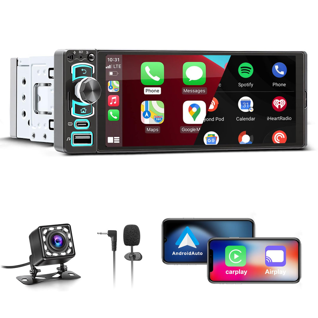 1 DIN Bluetooth Autoradio mit Bildschirm, Single DIN Auto Radio mit Wireless Apple CarPlay Android A