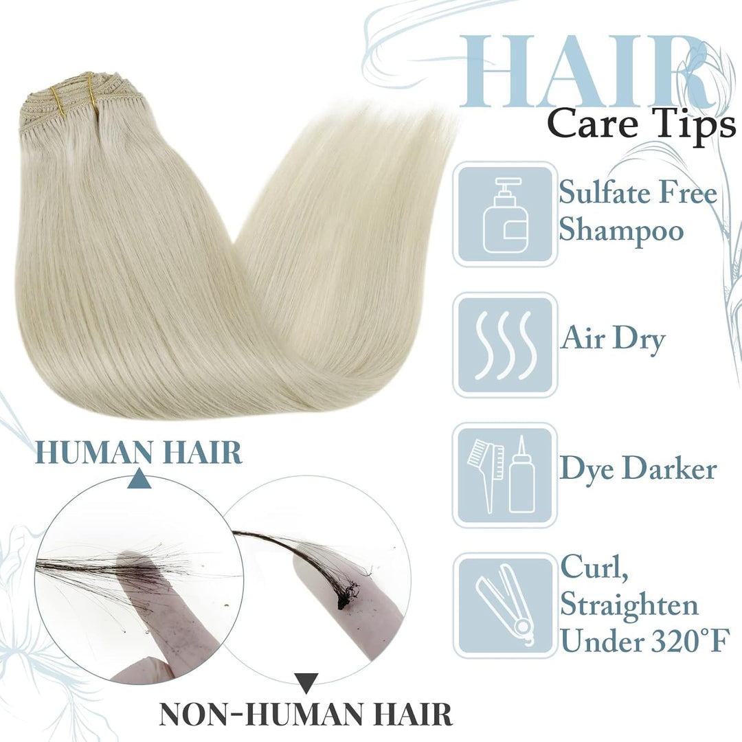 RUNATURE Clip in Extensions Echthaar Weiss Blond Remy Haarverlangerung Echthaar Clip in Glatt Haar E