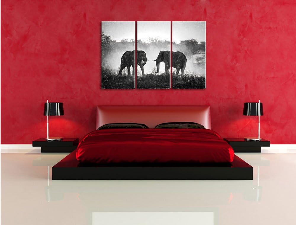 Pixxprint kämpfende Elefanten Kunst / 3-Teilig/Gesamtmass 120cm Leinwandbild bespannt auf Holzrahmen