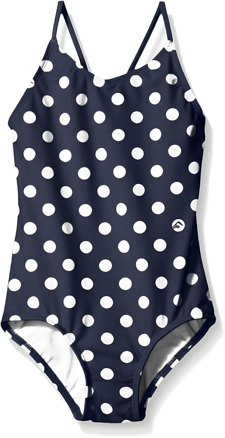 Kanu Surf Girls' Big Daisy Beach Sport 1-Piece Swimsuit, Suzie Navy Dot, 10
