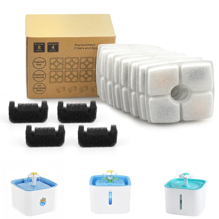 Katzenbrunnen Filter Set, 8 Stück Katzenbrunnen Filter mit 4 Stück Schwammfilter für Katzenbrunnen,