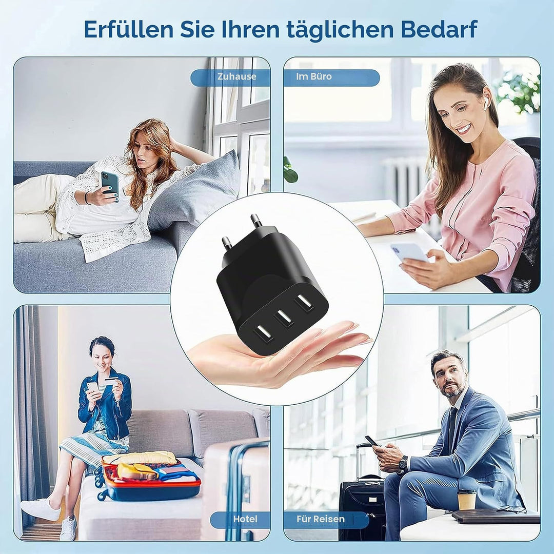 3er Pack USB Ladegerät 15W – 3 USB-A Ports, USB Netzteil Stecker für Steckdose, USB Stromstecker Ada