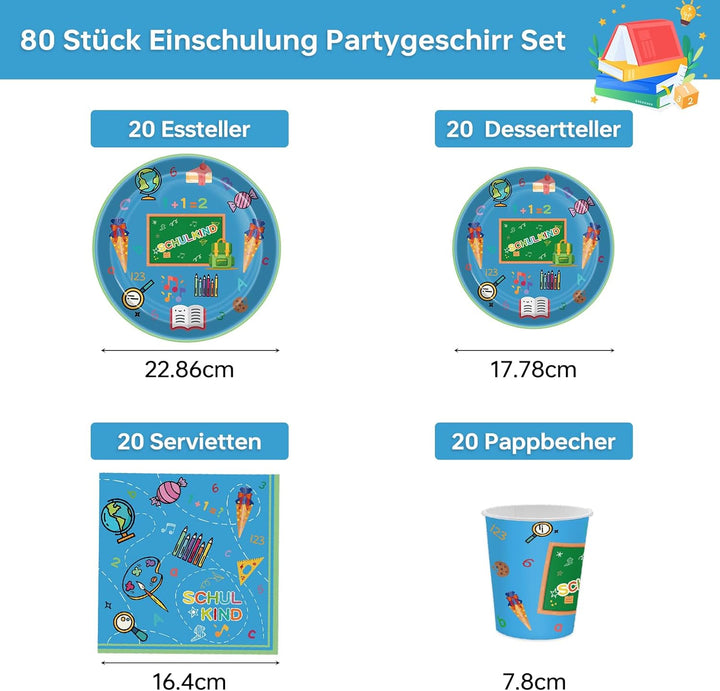 Einschulung Partygeschirr Set, 80pcs Schulanfang Pappgeschirr mit Pappteller Pappbecher Servietten f