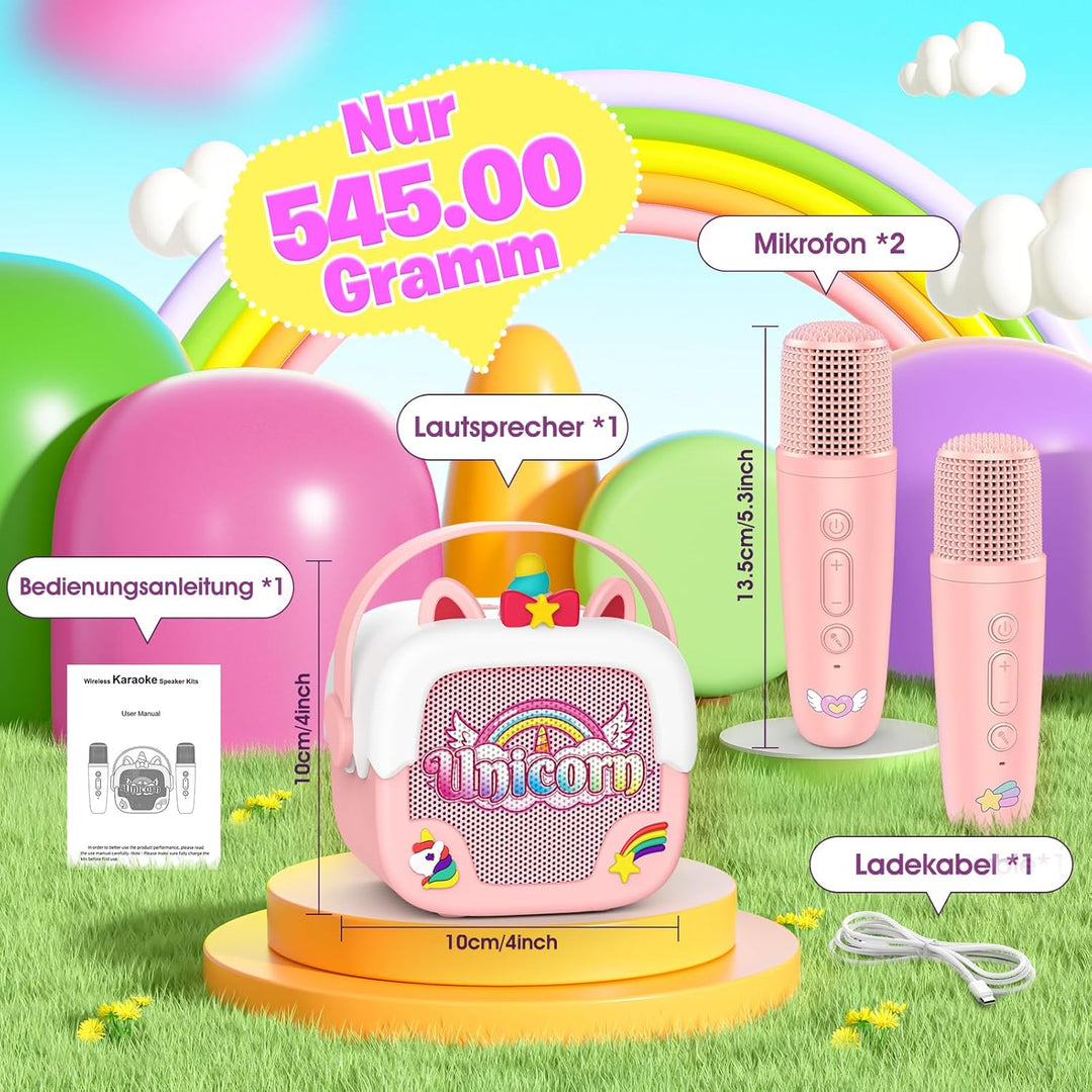 Karaoke Maschine Kinder mit 2 Bluetooth Karaoke Mikrofon, Einhorn Geschenk Spielzeug für Mädchen 3-1