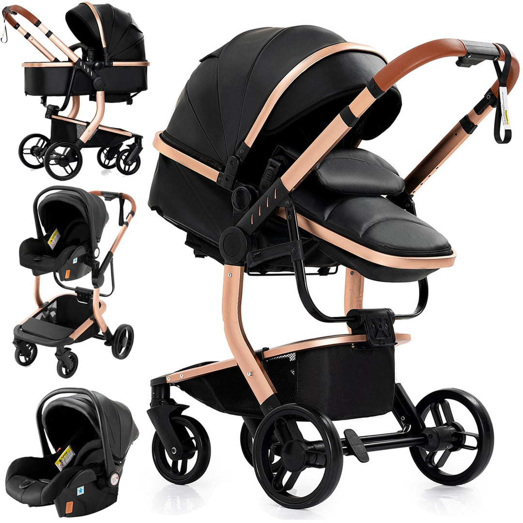 MoLi PU-Leder Kinderwagen 3 in 1, Kinderwagen mit Umkehrbarem Doppelschiebemodus, Buggy Grosser Bequ