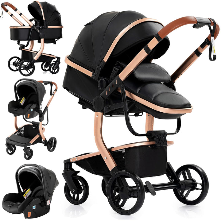 MoLi PU-Leder Kinderwagen 3 in 1, Kinderwagen mit Umkehrbarem Doppelschiebemodus, Buggy Grosser Bequ