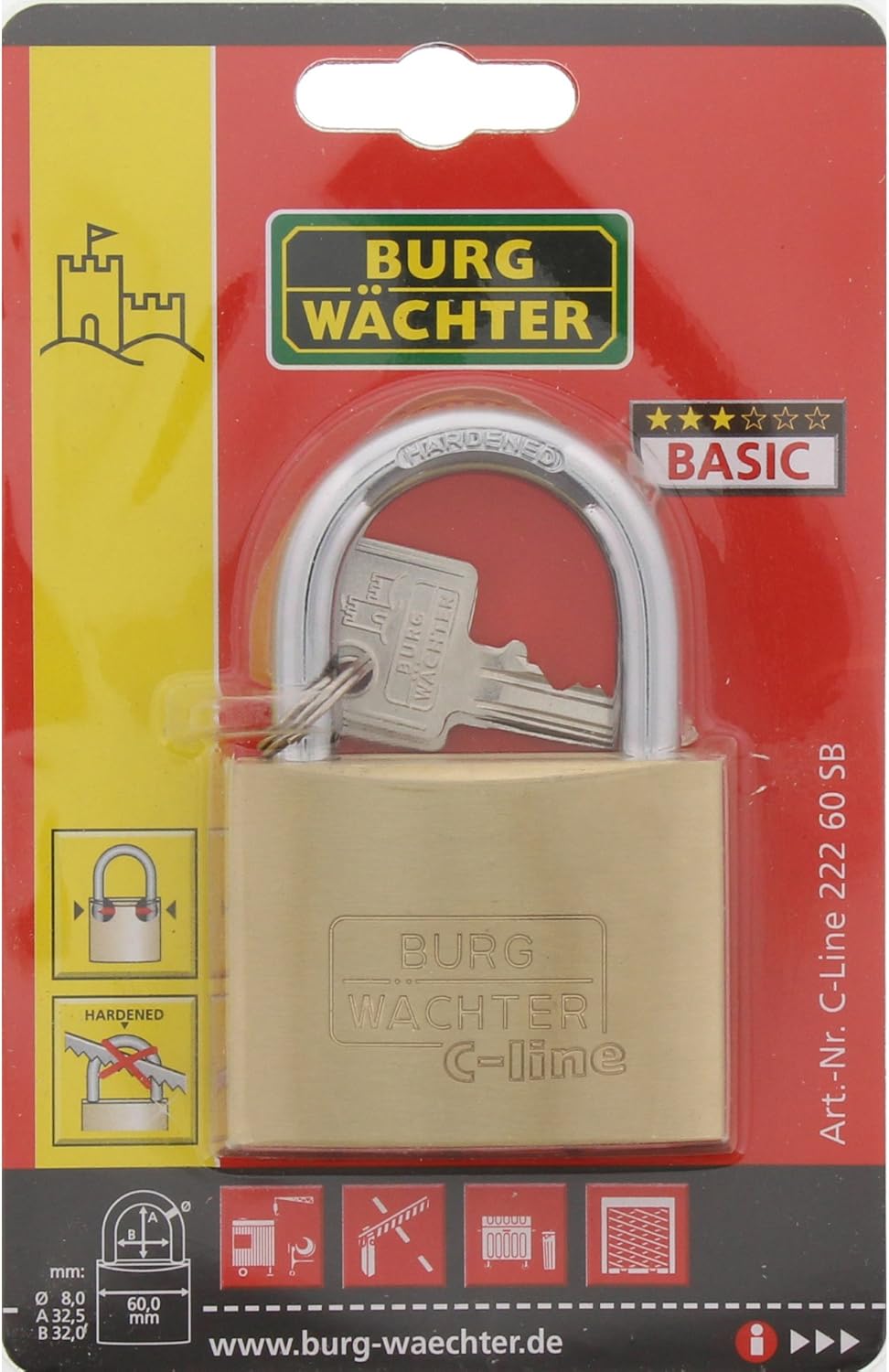 Burg Wächter Vorhängeschloss, C-Line 222 60 SB, inkl. 2 Schlüssel, Messing 60 mm (Packung mit 2) 60
