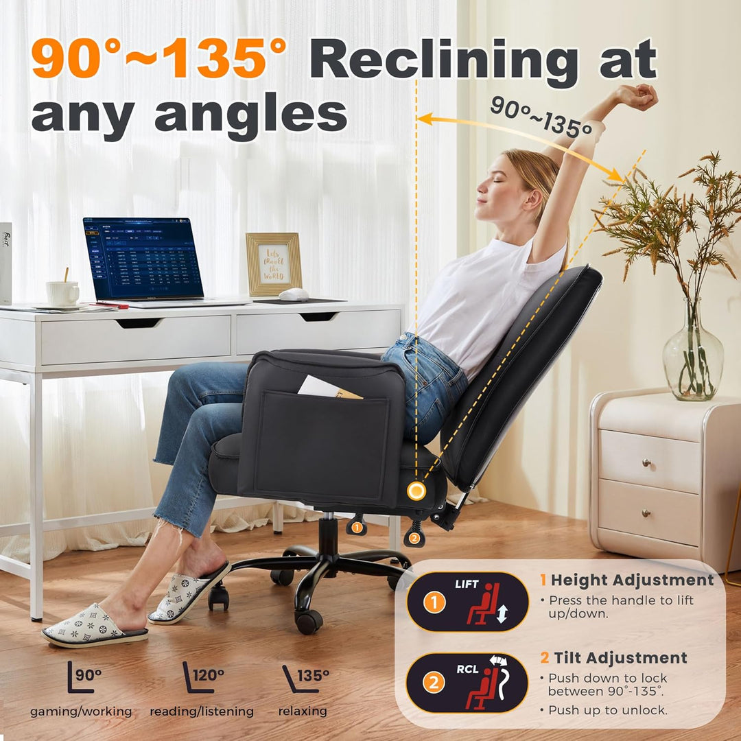 IWMH Bürostuhl, PU Leder Ergonomischer Schreibtischstuhl, Verdickte Kissen Breiten Sitz Chefsessel m