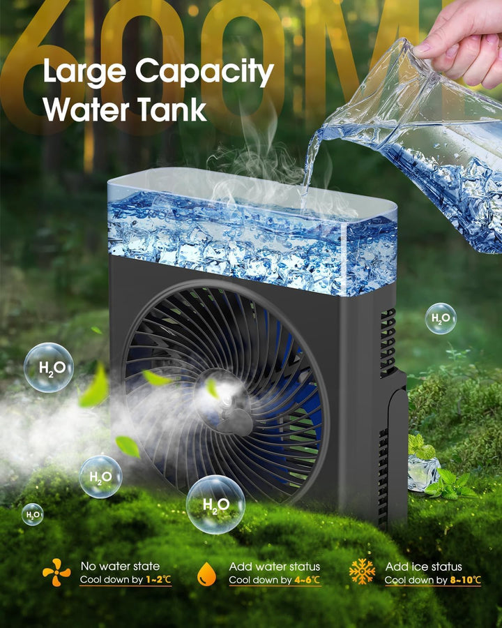 Tragbarer Nebel-Ventilator, 8000mAh 8-Zoll wiederaufladbarer Wasser-Kühlungs-Nebel-Ventilator mit 60