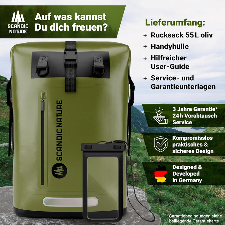 PIONEER wasserdichter Rucksack mit Rolltop Verschluss 35L 55L schwarz gelb oliv-grün - extra robust