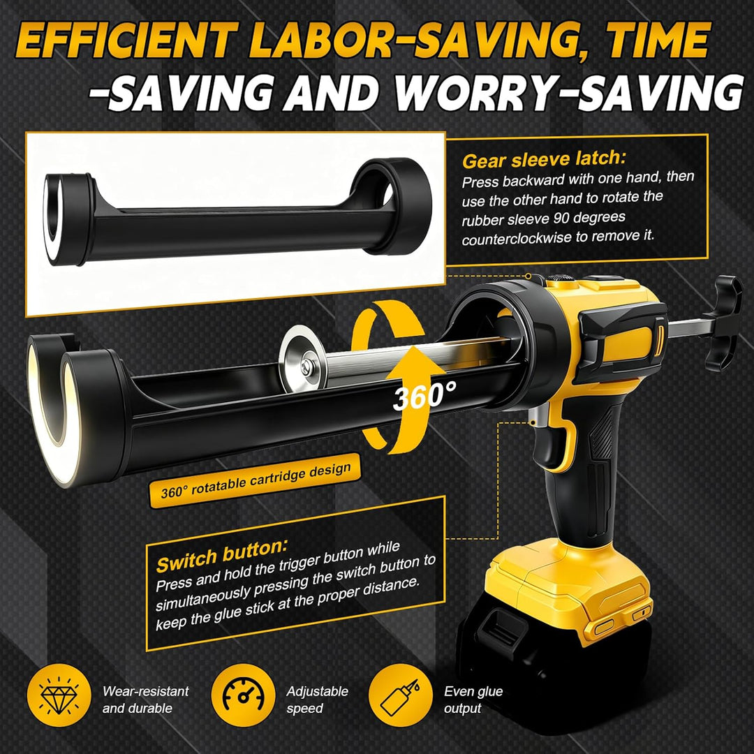 Akku Kartuschenpresse für DeWalt 20V, Anti-Tropf-Funktion & LED-Licht, 4-stufige Geschwindigkeitsreg