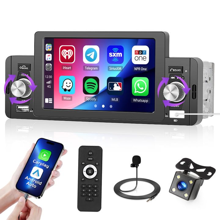 Hikity 1 Din Autoradio Wired Carplay Android Auto mit 5 Zoll Bildschirm Auto Radio Touch Display mit