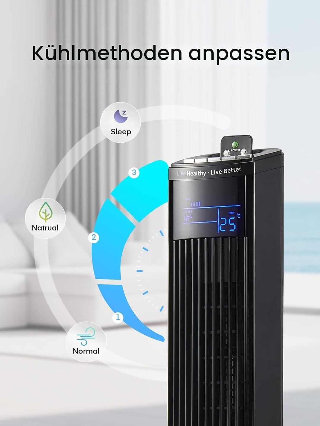 FOHERE Leiser Turmventilator, 91CM Oszillierender Stand Ventilator mit Kühlung Fernbedienung, 12-Stu