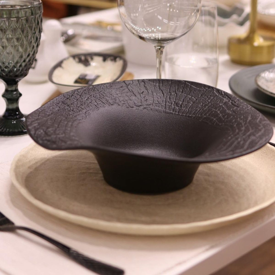Wilmax - Tiefe Schale - 1 Stück 30cm / 700 ml - Schwarze Pastateller - Natursteintextur - Für Pasta,