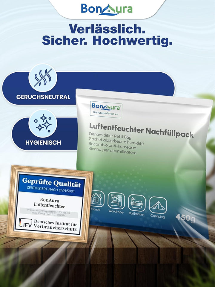 BonAura® AirOne Lite Luftentfeuchter Nachfüllpack I 12er Set 450g Luftentfeuchter Granulat I Entfeuc