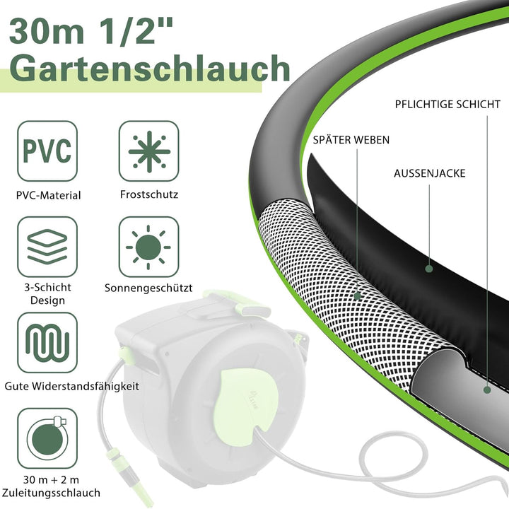Schlauchtrommel 30m+2m, Wandmontage Schlauchbox mit Aufroll-Automatik & 180° Schwenkbar, Inkl Spritz