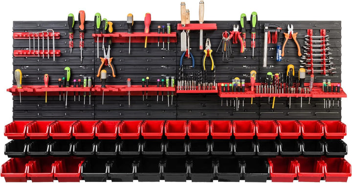 Lagersystem Werkstattregal | 156 x 78 cm | 51 stck. Box | Wandregal mit Werkzeughalterungen und Stap