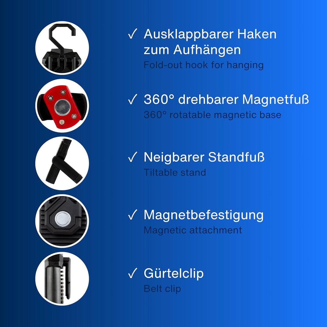 REV LED Arbeitsleuchte TORCH – Kompakte Akku Handlampe mit 360° Magnetfuss & Aufhängehaken, ideal fü