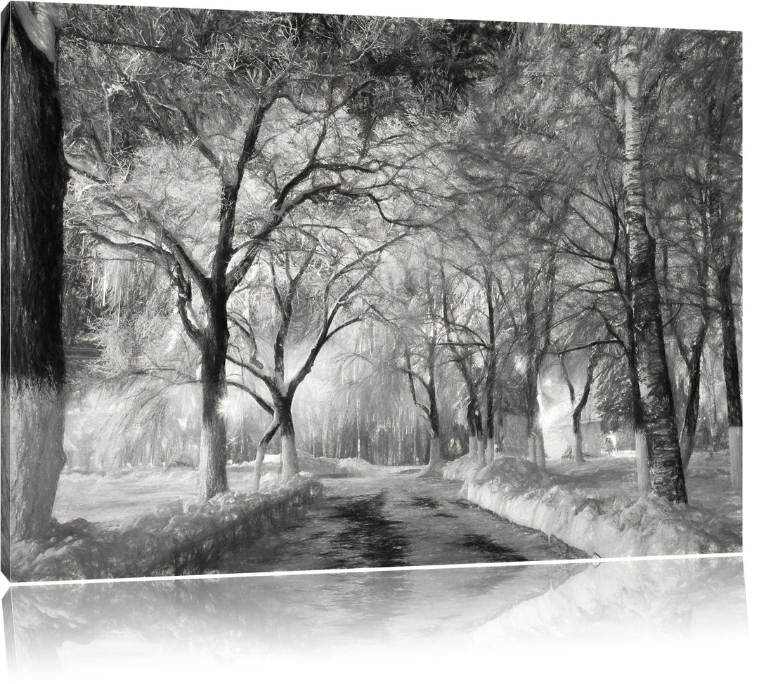 Pixxprint Baumallee im Winter Kohle Zeichnung Effekt, Format: 100x70 auf Leinwand, 100x70