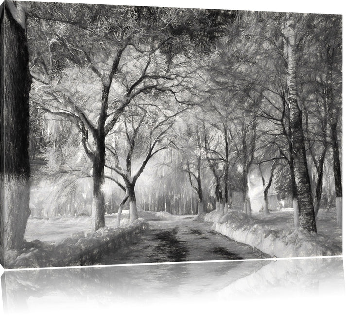 Pixxprint Baumallee im Winter Kohle Zeichnung Effekt, Format: 100x70 auf Leinwand, 100x70