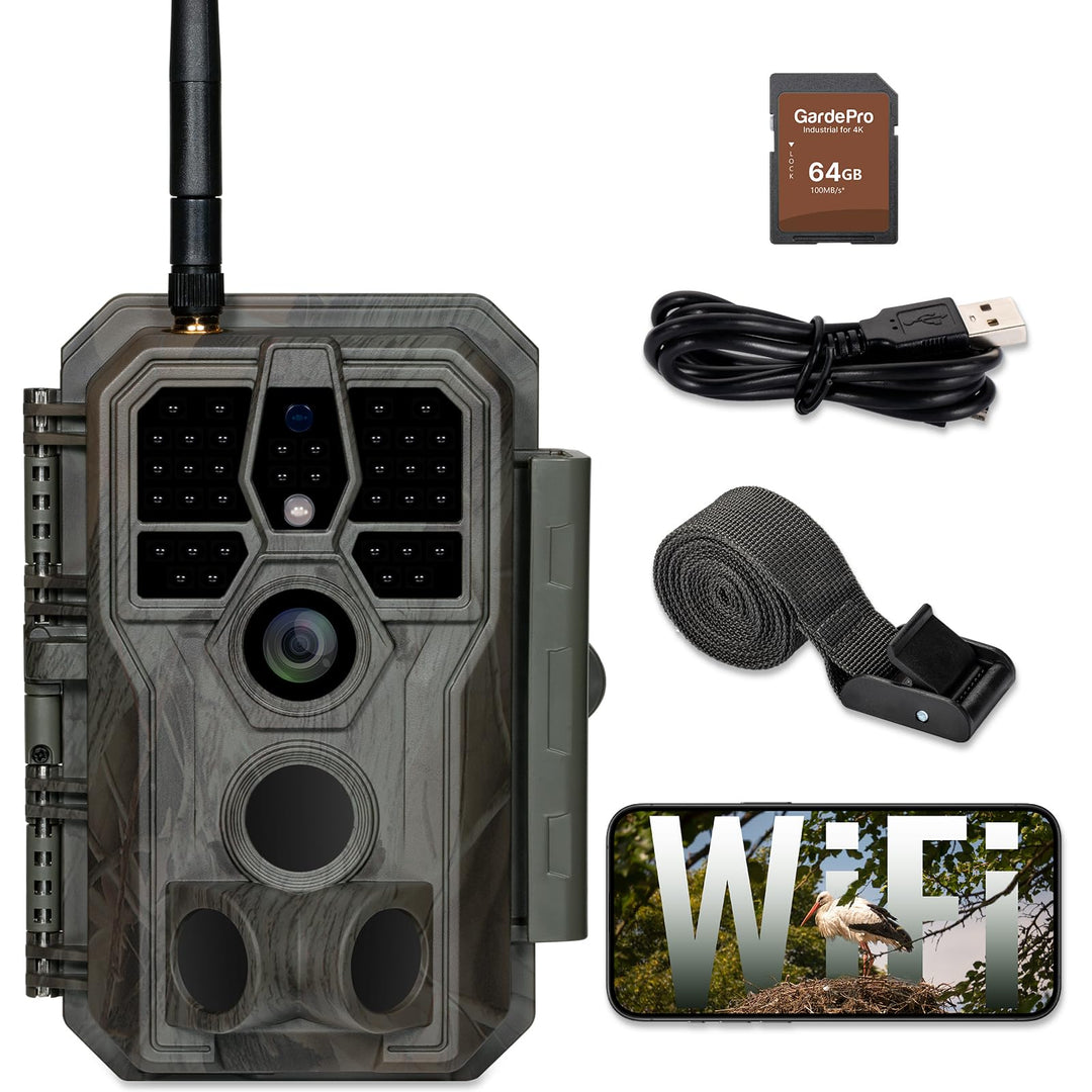 GardePro E8 Wildkamera WLAN mit 32 GB SD-Karte, 64MP H.264 1296P Video, 27m Infrarot Nachtsicht Bewe