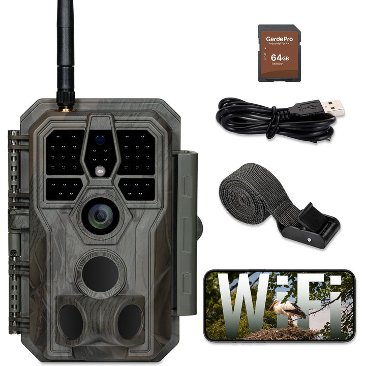 GardePro E8 Wildkamera WLAN mit 32 GB SD-Karte, 64MP H.264 1296P Video, 27m Infrarot Nachtsicht Bewe
