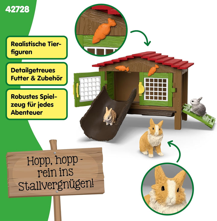 schleich Farm World | Kaninchenstall 42728 | Set aus 3 Kaninchen, mit Stall, Futter und vielem Zubeh